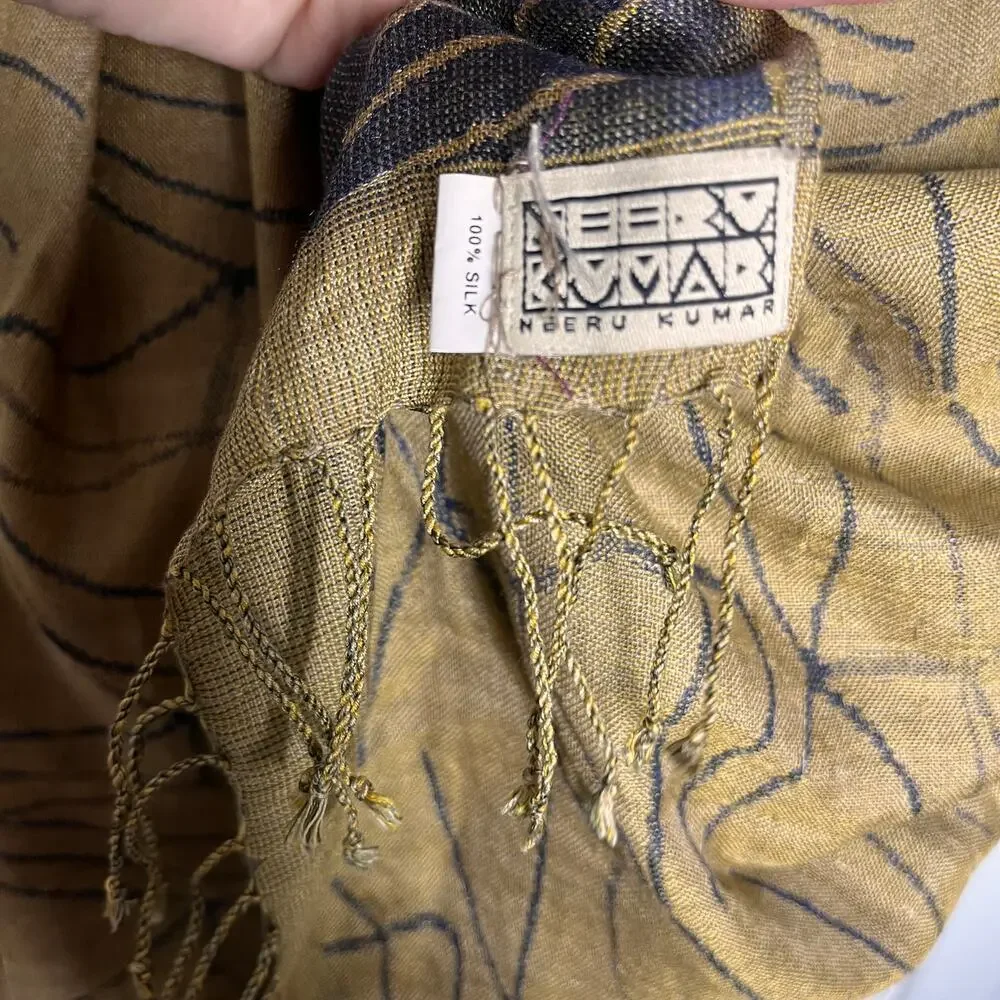 Neeru Kumar 100% Silk Scarf Handloomed 21x76 Kantha Rectangle Fringe Gold Black